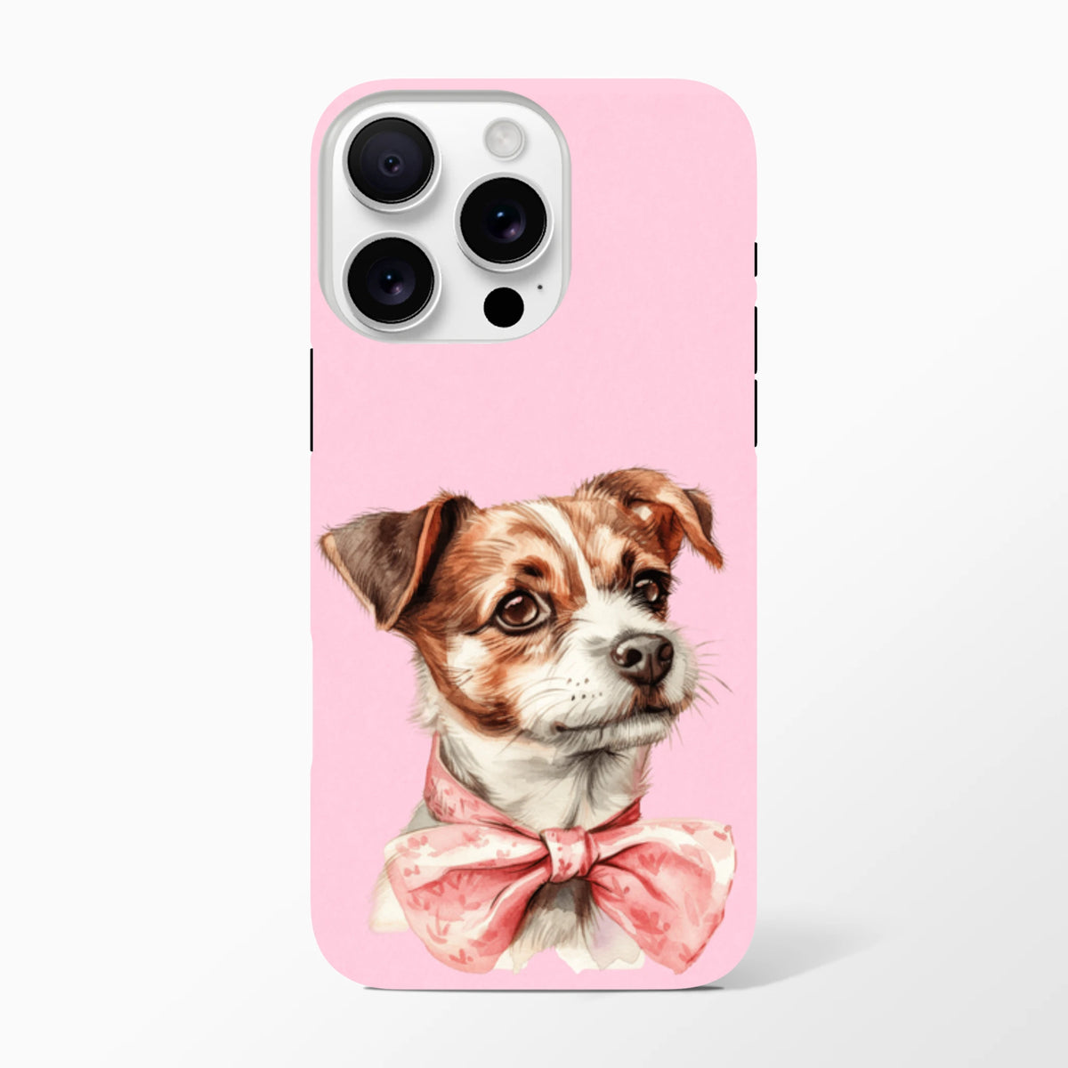 Pink iPhone case featuring a cute puppy illustration wearing a floral bow tie. Shock-absorbent tough phone cover for urban use.