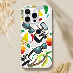 Transparent iPhone case with summer holiday sticker effect design featuring palm trees, sunglasses, and vintage cameras.