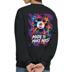 Black men's sweatshirt featuring a colorful retro turntable print on the back with vibrant paint splashes and "Made To Make Noise" typography.