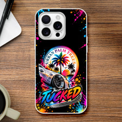 Tucked stance iPhone case with colorful lowered car and palm tree sunset design. Vibrant petrolhead car culture cover featuring Urban Palm Trees art.