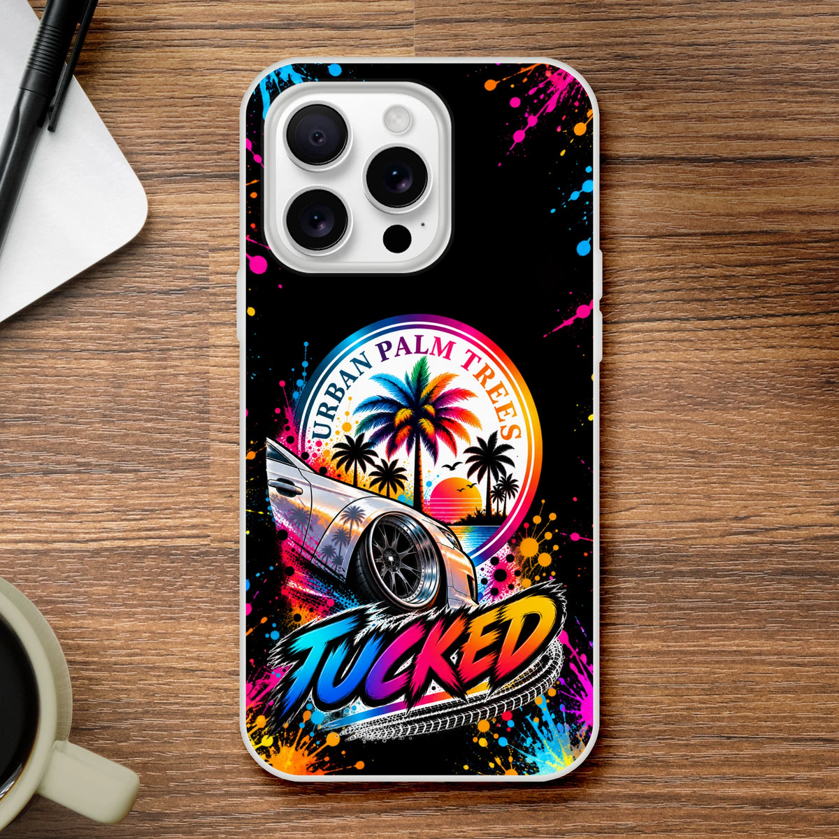 Tucked stance iPhone case with colorful lowered car and palm tree sunset design. Vibrant petrolhead car culture cover featuring Urban Palm Trees art.