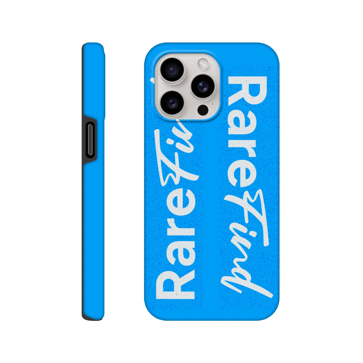 Blue Tough iPhone case featuring white vertical Rare Find slogan text, designed for streetwear style on iPhone 13-16 models.