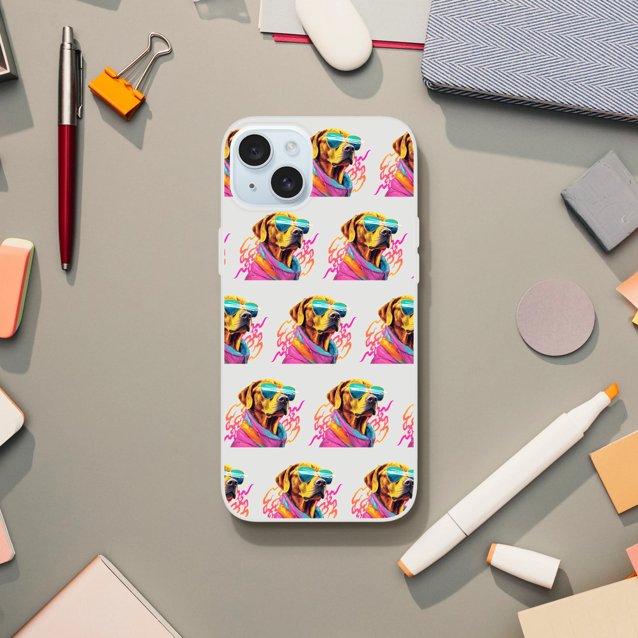 Slim transparent iPhone case with a repeating colorful dog wearing sunglasses design for iPhone 13–16.