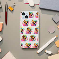 Slim transparent iPhone case with a repeating colorful dog wearing sunglasses design for iPhone 13–16.