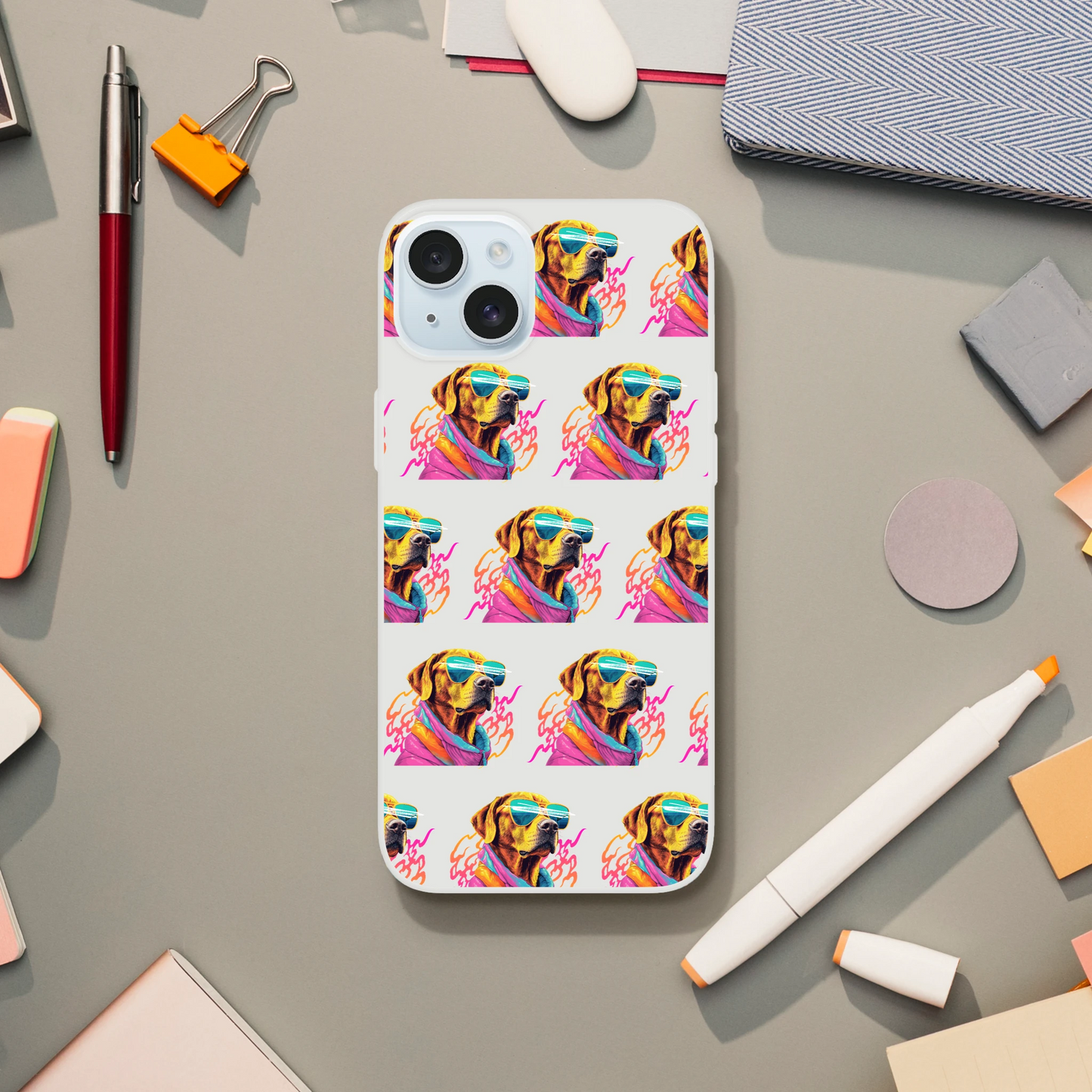 Slim transparent iPhone case with a repeating colorful dog wearing sunglasses design for iPhone 13–16.