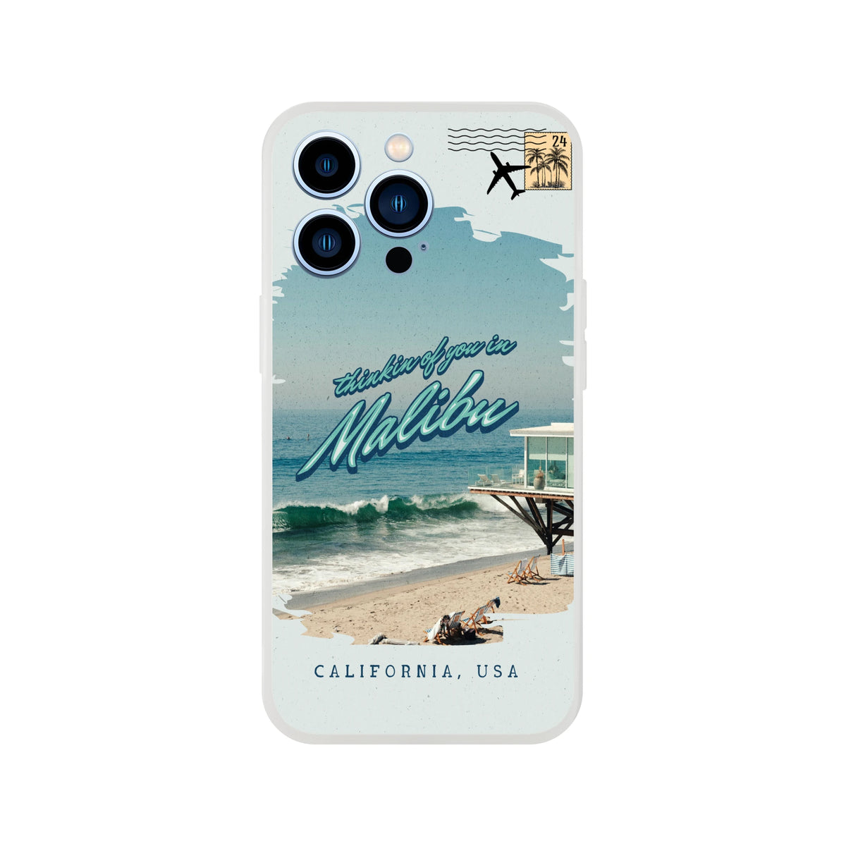 Vintage Malibu postcard-style iPhone case for iPhone 13–16 featuring palm trees and retro script.