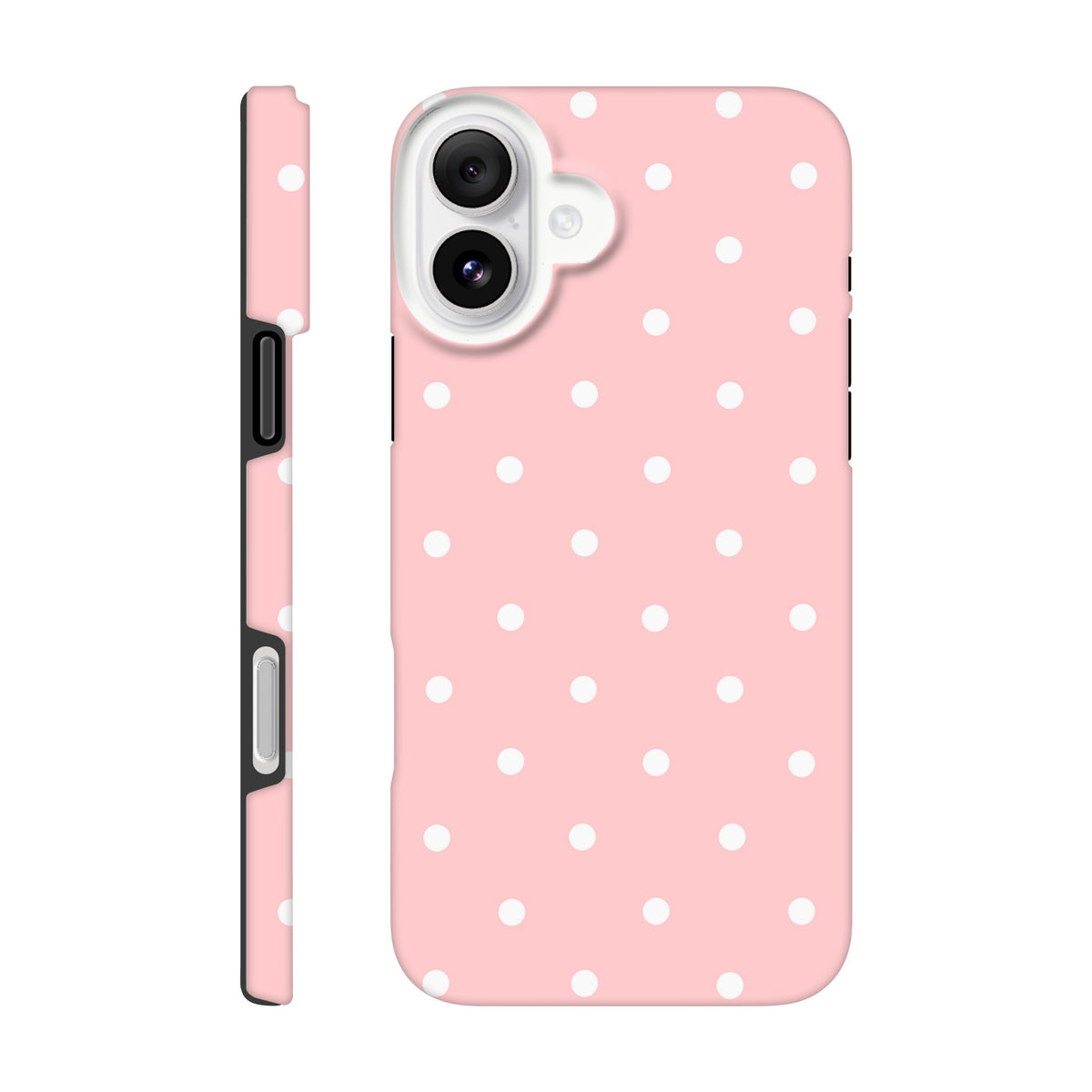 Pastel pink iPhone case with white polka dots and protective dual-layer shock-absorbing frame for drop protection.