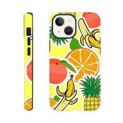 Yellow iPhone case featuring a bold tropical sticker design with orange, banana, and pineapple graphics on a bright background.