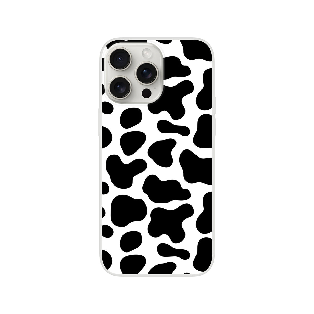 Black and white cow-print iPhone case for iPhone 13–16 with bold Y2K style.