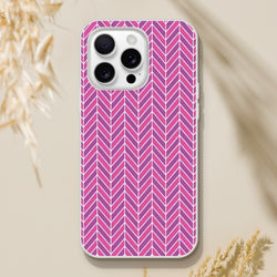 Pink Herringbone iPhone Case with geometric chevron pattern. Slim frosty transparent TPU shock-absorbing phone cover for iPhone 13-16.