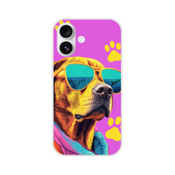 Trendy Dog iPhone Case 13-16 featuring a dog wearing sunglasses on a purple background with yellow paw prints.