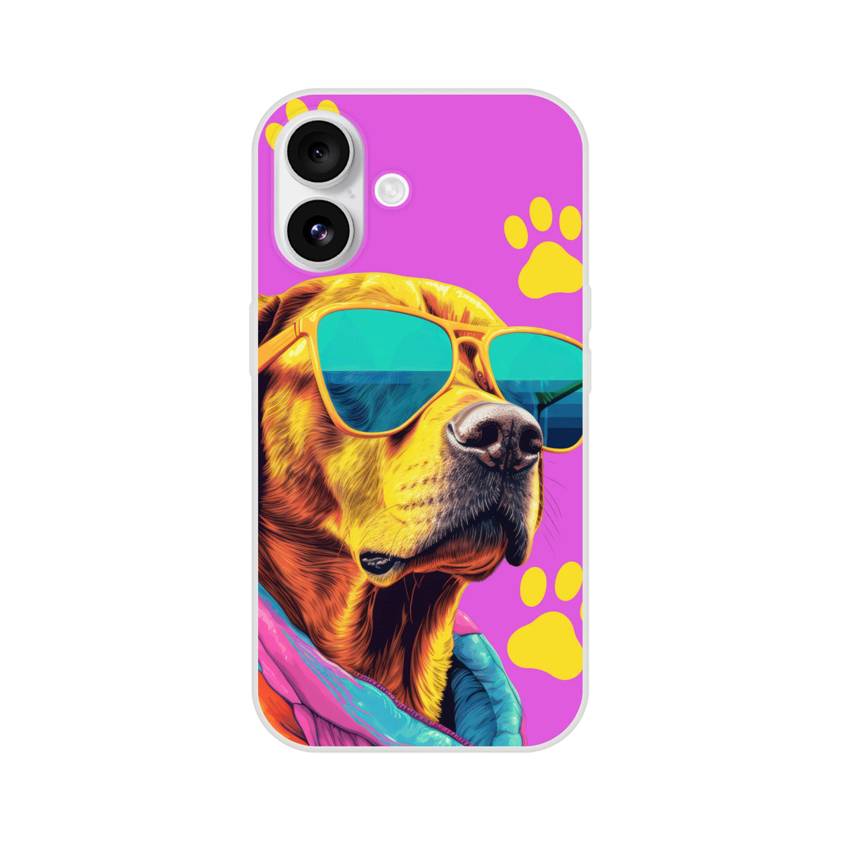Trendy Dog iPhone Case 13-16 featuring a dog wearing sunglasses on a purple background with yellow paw prints.