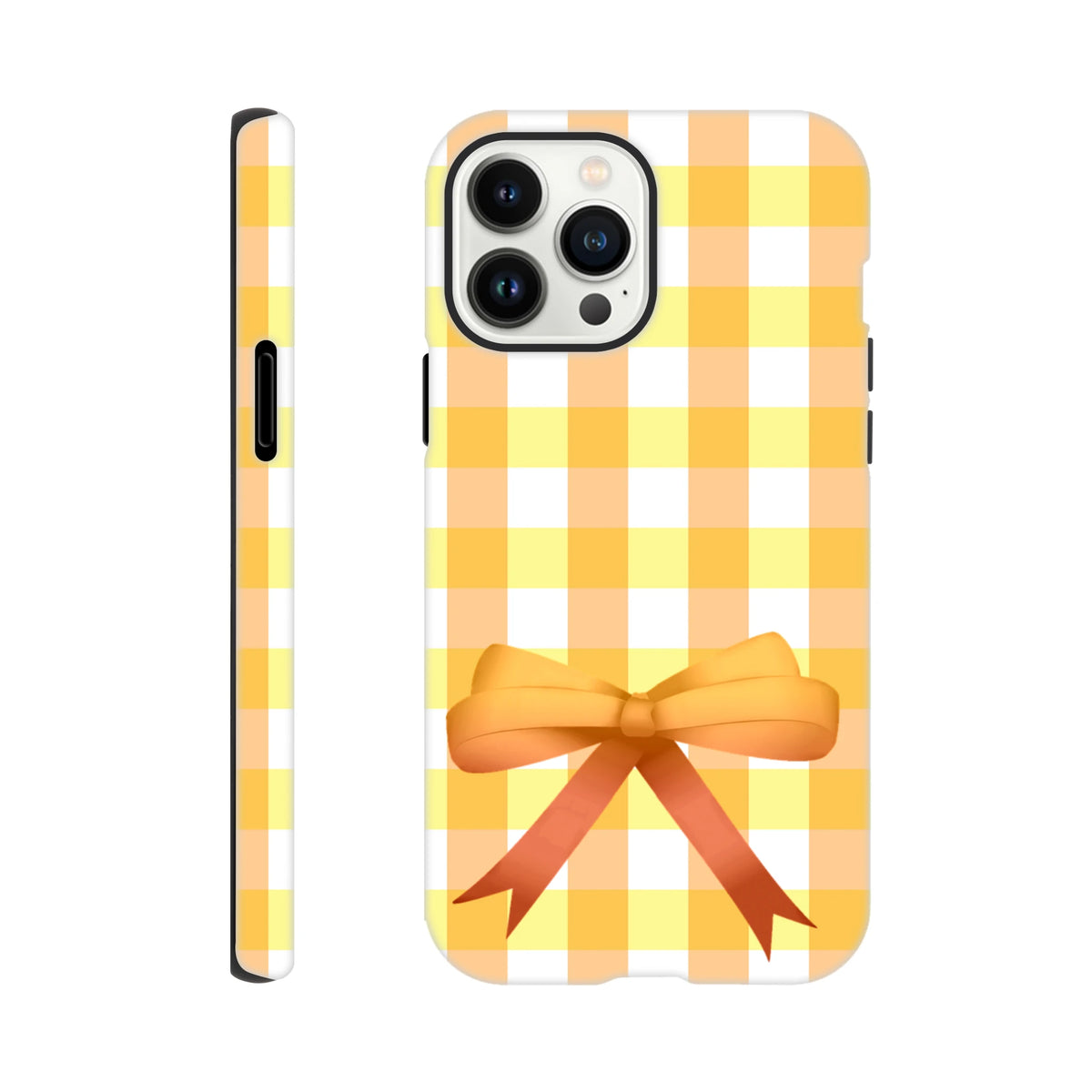 Yellow gingham iPhone case featuring an orange bow and vintage grid pattern for a cute coquette street style look.