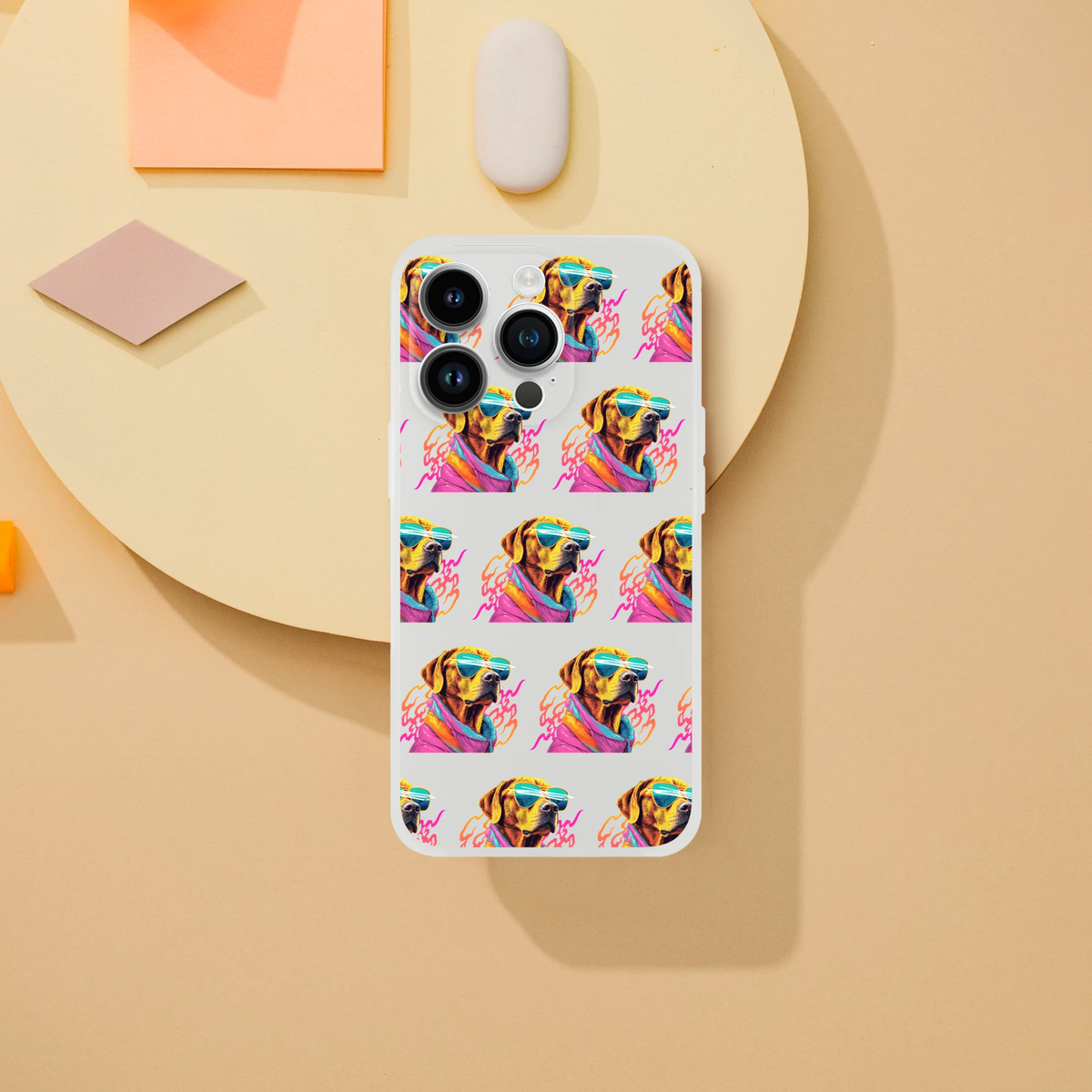 Slim transparent iPhone case with a repeating multicolor dog wearing sunglasses design.