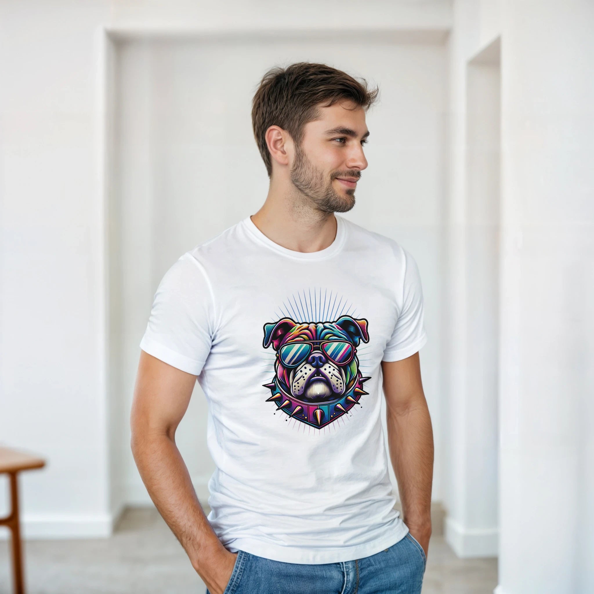 Man wearing white Dog T Shirt with colorful bulldog graphic, sunglasses and spiked collar.