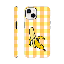 Cute yellow gingham iPhone case featuring a cartoon peeled banana illustration. Tough checkered phone cover for iPhone 13-16.