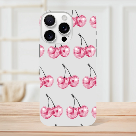 Glitter ball cherries pattern on light-gray iPhone case with dual-layer wraparound protection.