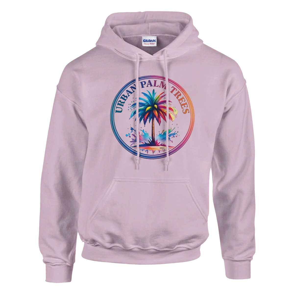 Urban Palm Trees Hoodie for Men in lavender with a colorful palm-tree circle graphic and a front pocket