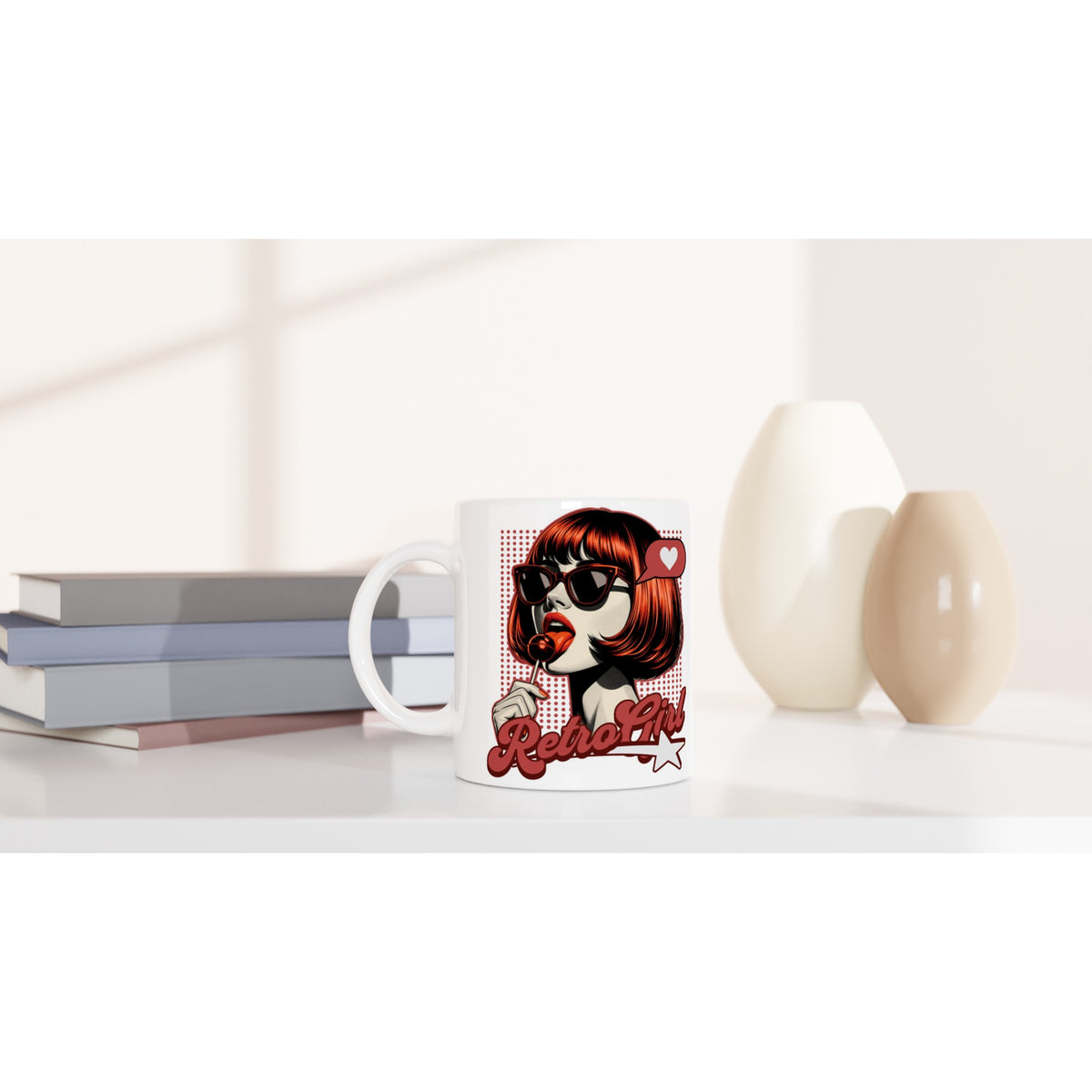White ceramic mug with retro girl design: red-haired woman in sunglasses licking a lollipop and 'Retro Girl' slogan.