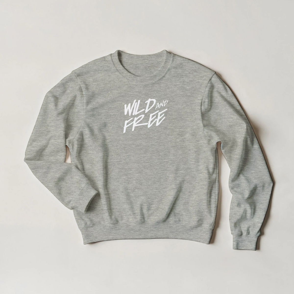 Gray sweatshirt with white "WILD AND FREE" lettering on back, cozy women’s streetwear.