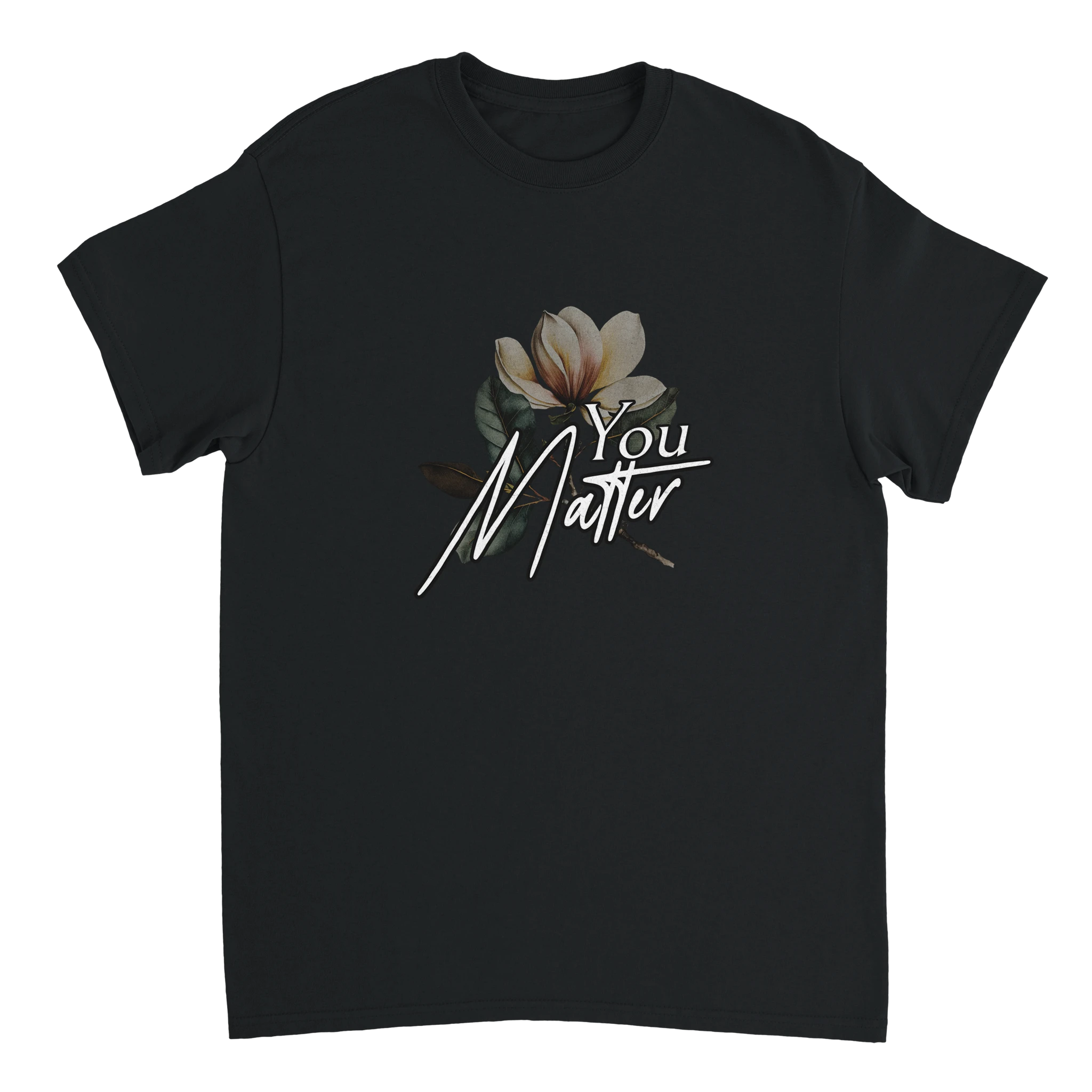 Black men's graphic tee featuring a floral magnolia and 'You Matter' slogan on the chest.