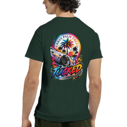 Back view of a dark green "Tucked" petrolhead t-shirt featuring a colorful modified car and palm tree sunset graphic.