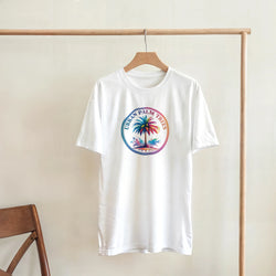 Urban Palm Trees Tee for Women, retro streetwear summer top; white tee with colorful palm graphic on wooden hanger