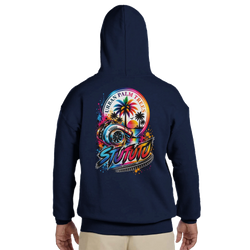 Navy blue Turbo Petrolhead hoodie back featuring a colorful turbocharger graphic with palm trees and Urban Palm Trees text.