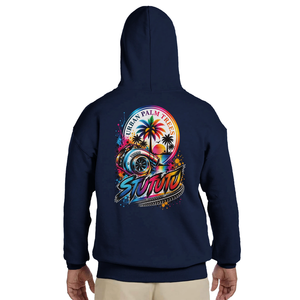 Navy blue Turbo Petrolhead hoodie back featuring a colorful turbocharger graphic with palm trees and Urban Palm Trees text.