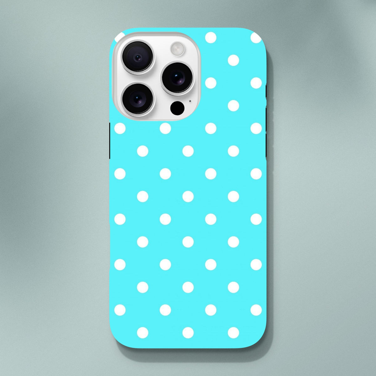 Turquoise & white polka dot tough iPhone case with retro style and drop protection for models 13-16.