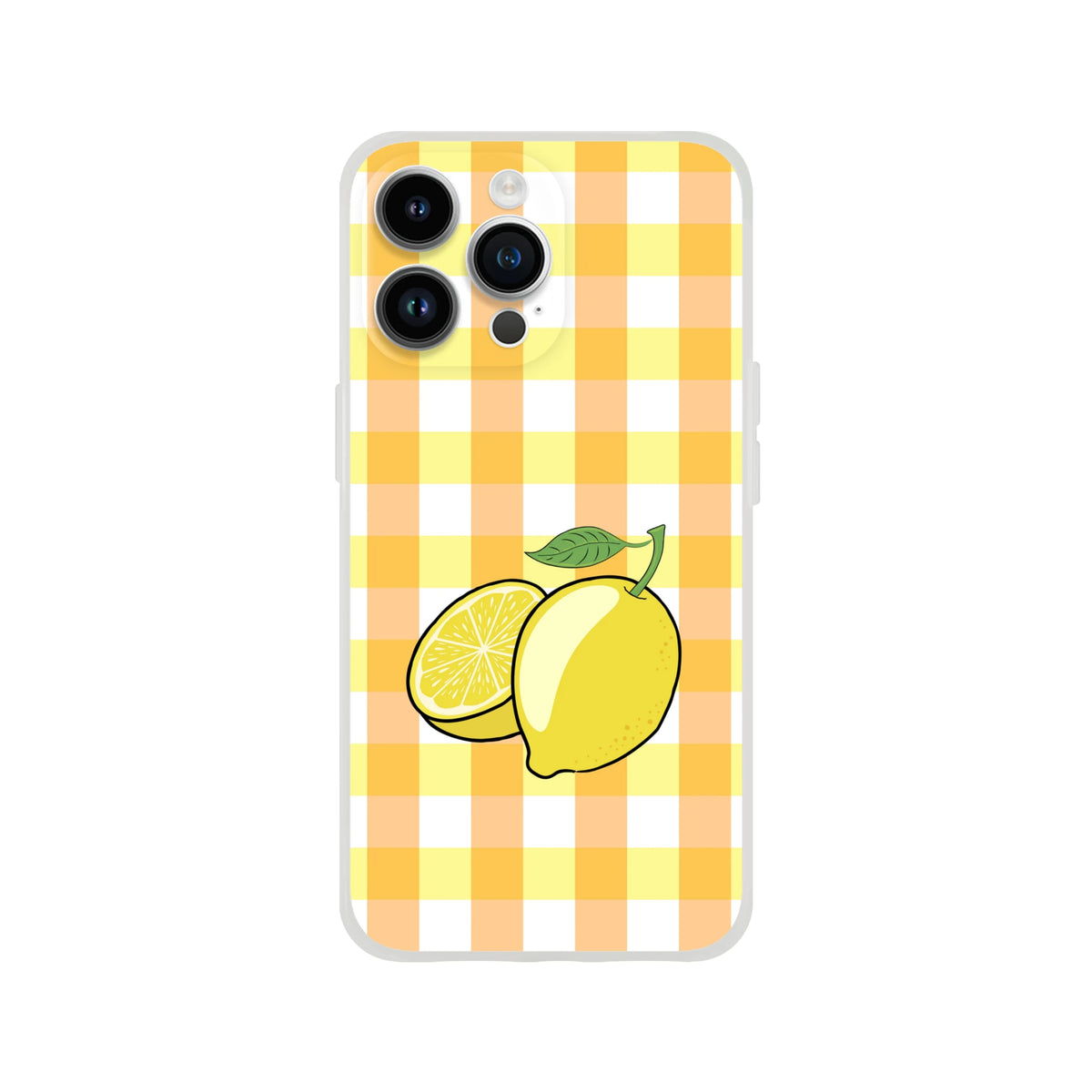Cute Lemon Gingham iPhone Case for 13-16, yellow gingham with lemon graphic, slim matte finish