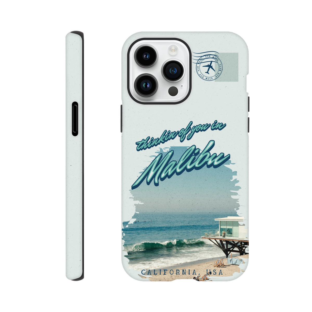 Vintage Malibu California beach iPhone case featuring pier graphic, ocean waves, and retro air mail stamp design.
