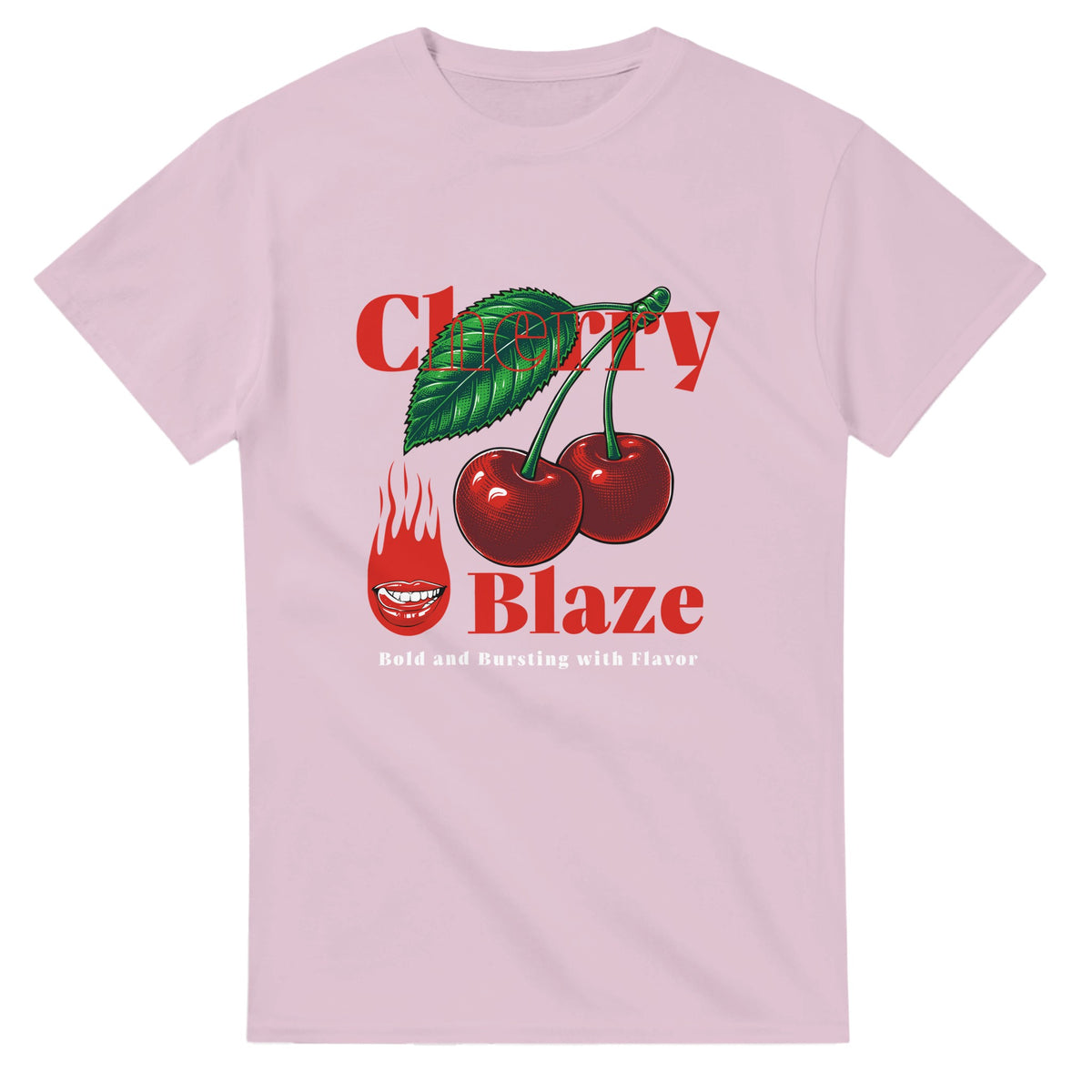 Pink women's graphic T-shirt with cherries, flame motif, and bold "Cherry Blaze" typography.