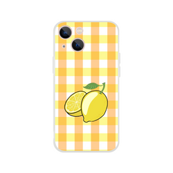 Yellow lemon-gingham iPhone case for iPhone 13–16; slim, flexible cover with a vibrant lemon print.