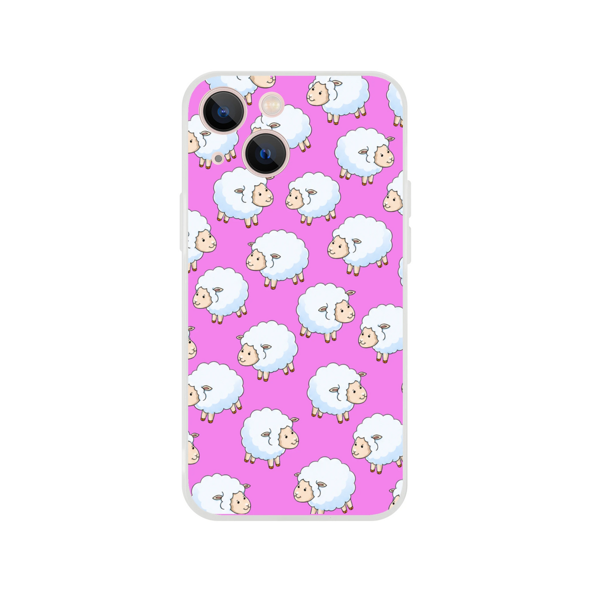 Cute pink iPhone case for 13-16 with a repeating white sheep motif on a bright pink background, slim matte finish