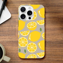 Yellow lemon pattern tough iPhone case with citrus slices on grey background. Durable drop guard cover for city life and street style.