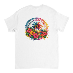 Back of white tee featuring retro circular graphic with colorful hibiscus, palm tree, and Urban Palm Trees text in paint splatter style.