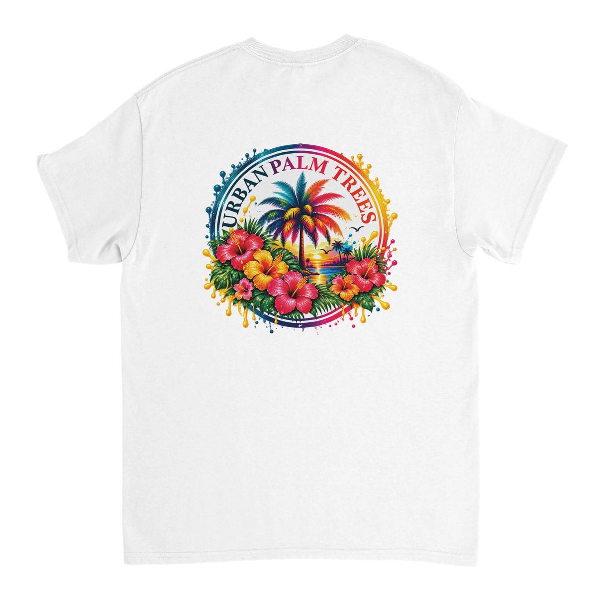 Back of white tee featuring retro circular graphic with colorful hibiscus, palm tree, and Urban Palm Trees text in paint splatter style.