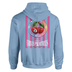 Light blue hoodie featuring a retro cherry graphic on pink stripes. Vintage fruit back print with pouch pocket and double-lined hood for casual streetwear.