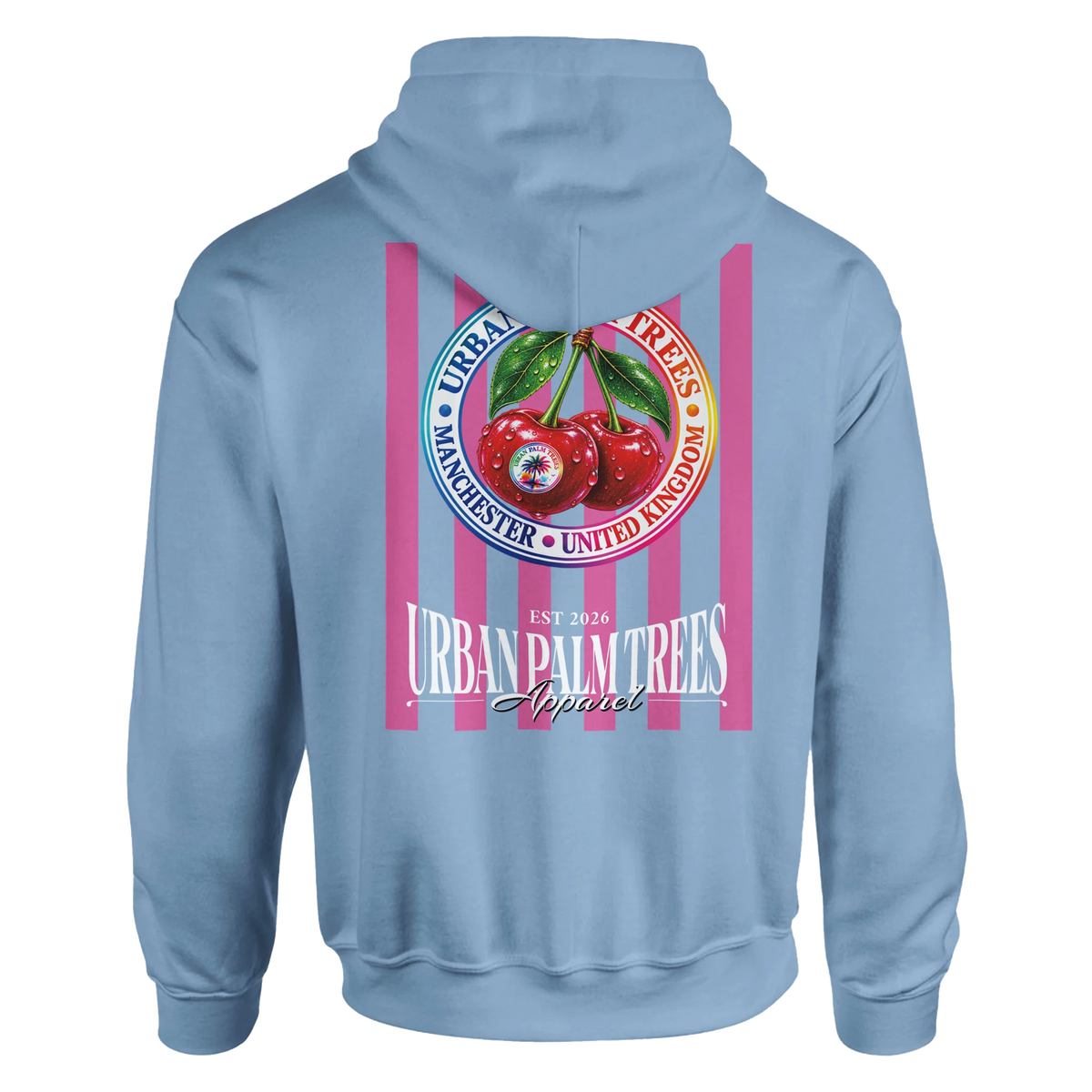 Light blue hoodie featuring a retro cherry graphic on pink stripes. Vintage fruit back print with pouch pocket and double-lined hood for casual streetwear.