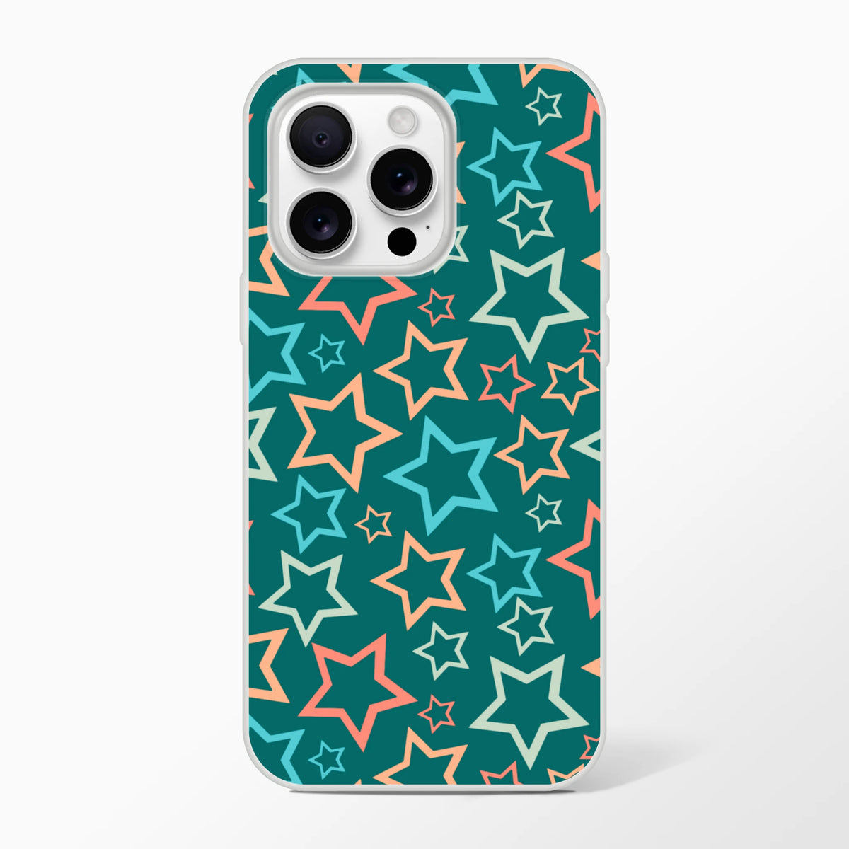 Retro multicolour Star iPhone Case (13–16) with teal background and Y2K star print.