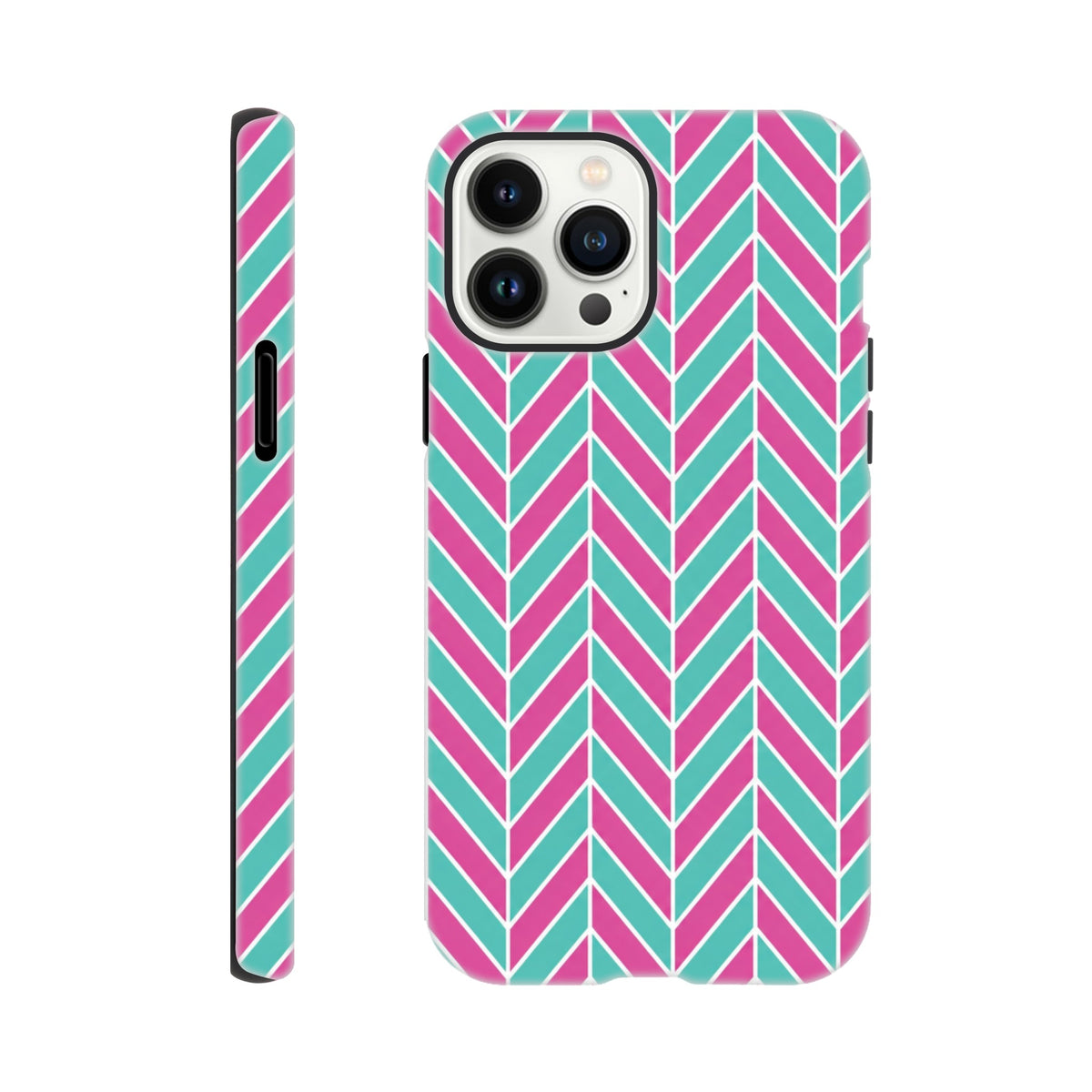 Pink and turquoise herringbone iPhone case featuring a bold geometric chevron pattern and tough dual-layer shock-absorbing protection.