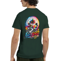 Dark Green men's graphic tee featuring "Full Send" tire track art, Urban Palm Trees sunset, and modified car culture design.