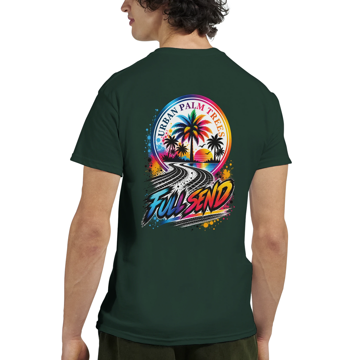 Dark Green men's graphic tee featuring "Full Send" tire track art, Urban Palm Trees sunset, and modified car culture design.