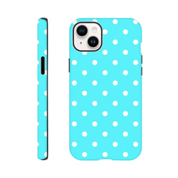 Turquoise & white polka dot tough iPhone case with retro glossy finish and shock-absorbing TPU chassis for drop protection.