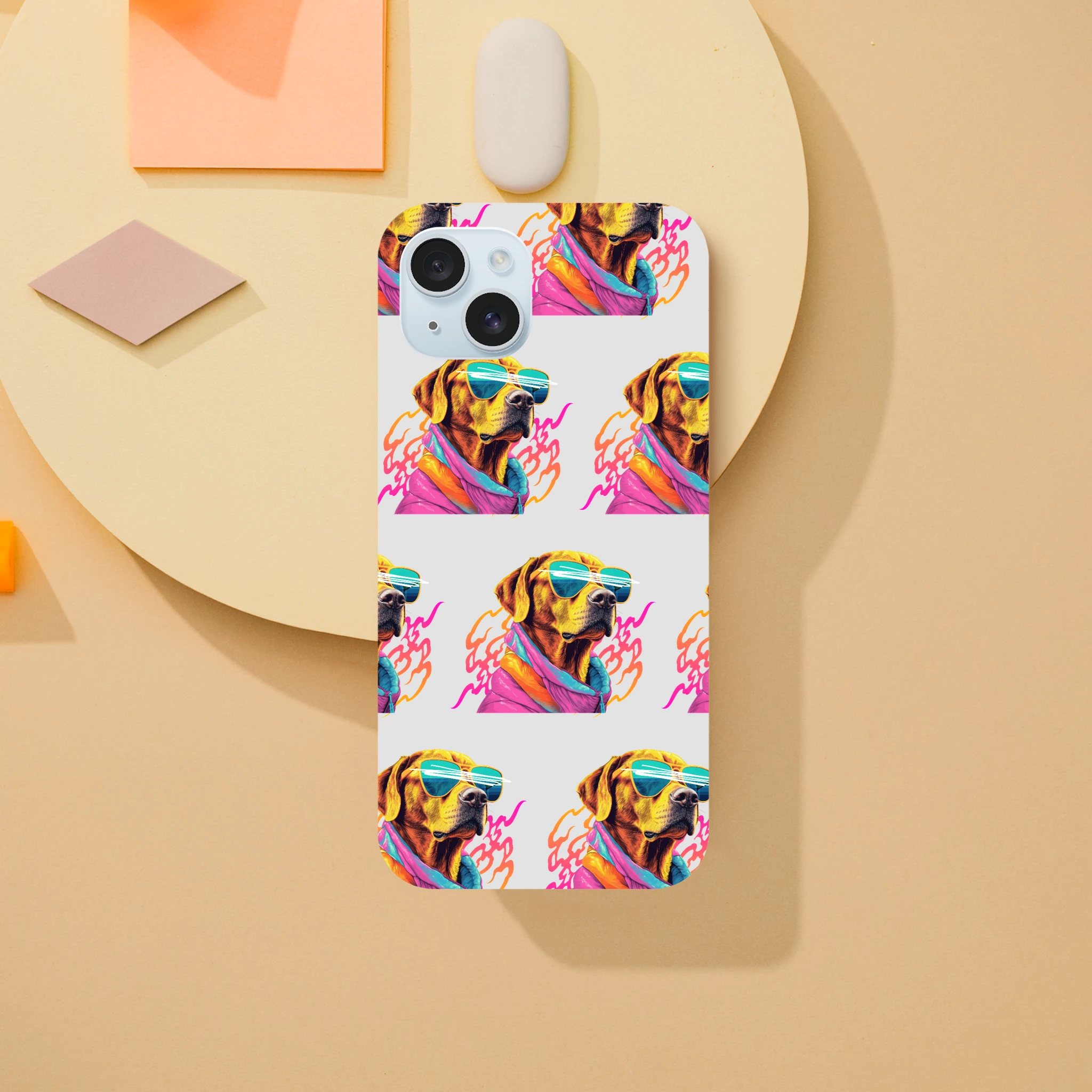 Dog wearing sunglasses wraparound print phone case for iPhone 16, 15, 14, 13; dual-layer protective with glossy finish