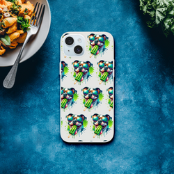 Chill Dog iPhone case: transparent slim cover featuring repeating dogs with sunglasses, holding green popsicles.