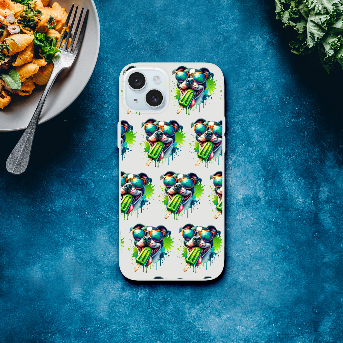 Chill Dog iPhone case: transparent slim cover featuring repeating dogs with sunglasses, holding green popsicles.