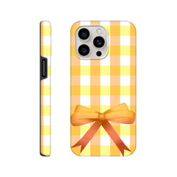 Yellow gingham iPhone case featuring a orange coquette bow and vintage grid pattern for street style.