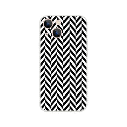 Black and white herringbone iPhone case with geometric chevron pattern, featuring matte finish and shock-absorbing TPU protection.